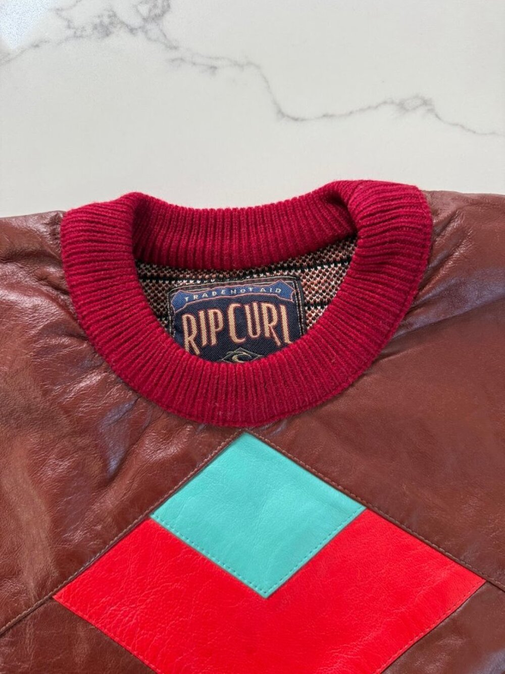 Vintage 80s Rip Curl Leather Patchwork Crewneck Sweater - Size Large - Picture 2 of 5